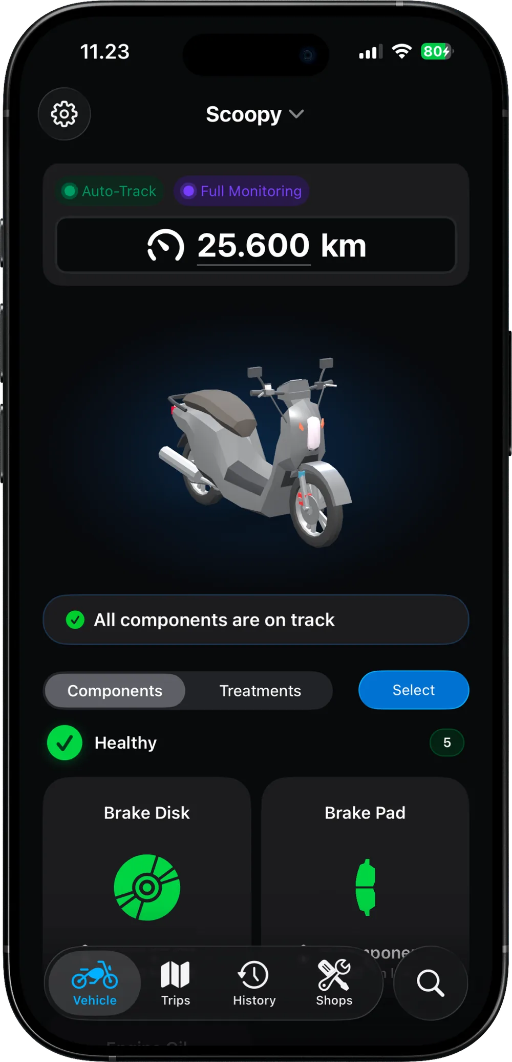 The RideCheck dashboard for a scooter, showing its odometer, a 3D model of the bike and every component on track