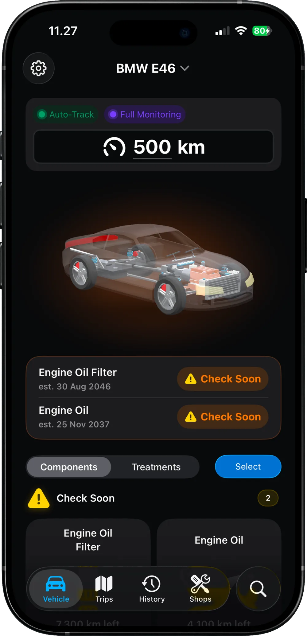 A RideCheck car dashboard with the body made transparent to show the parts underneath, and two components flagged Check Soon