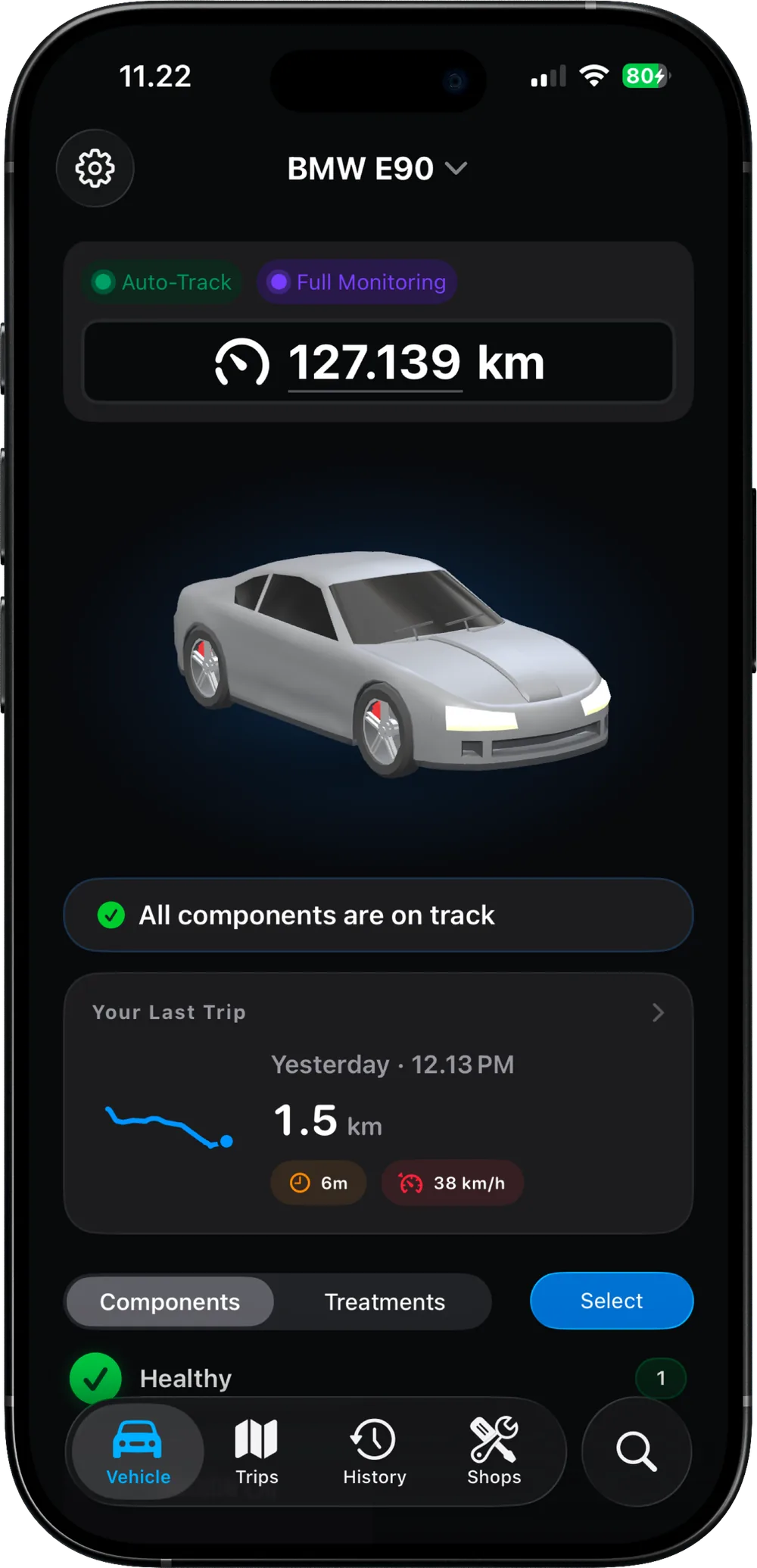 A RideCheck car dashboard showing the odometer, a 3D model of the car, and the last trip with its distance and top speed
