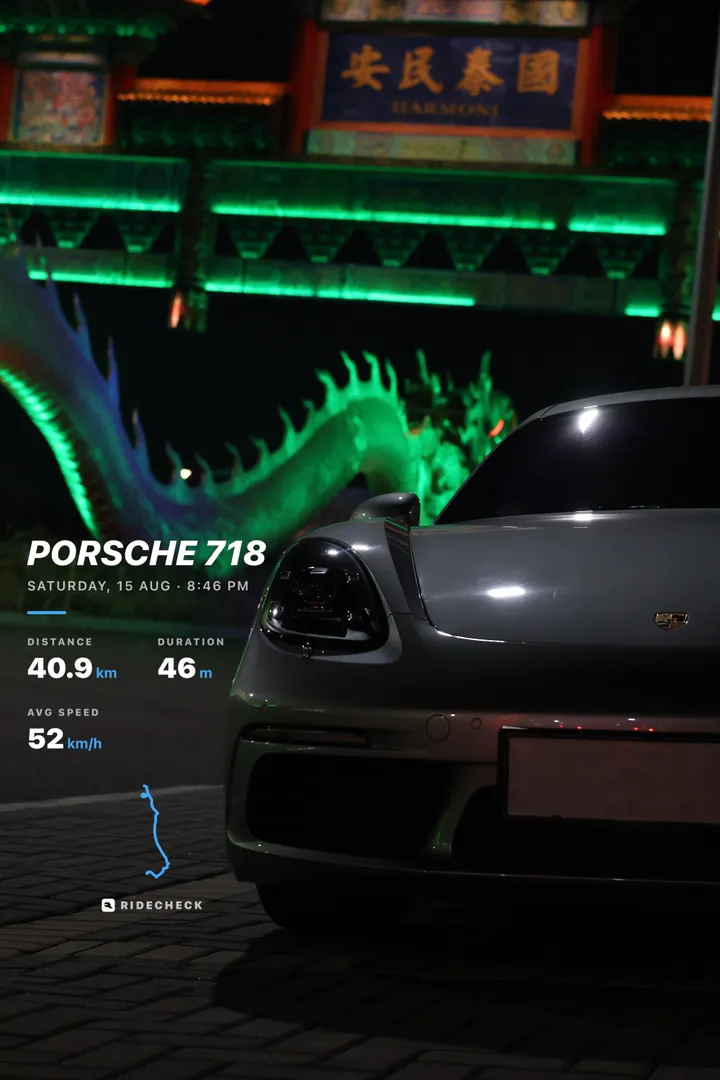 A RideCheck trip sticker over a night photo of a Porsche 718 parked under a lit gate