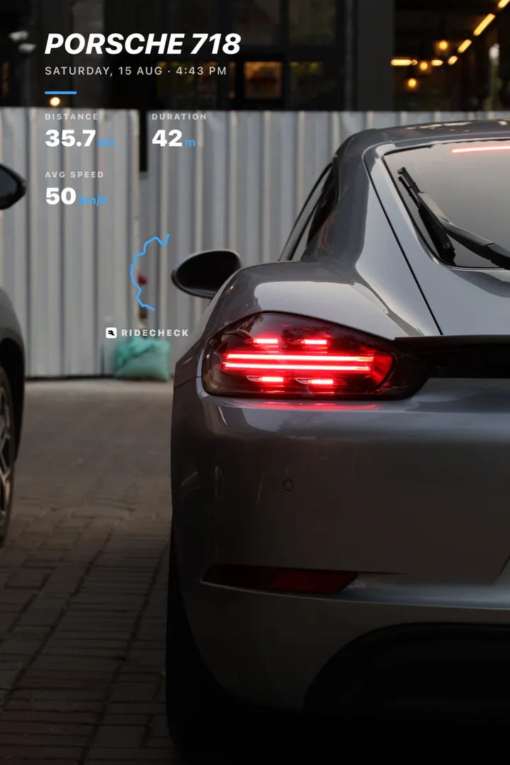 A RideCheck trip sticker over a photo of a Porsche 718 tail light at dusk